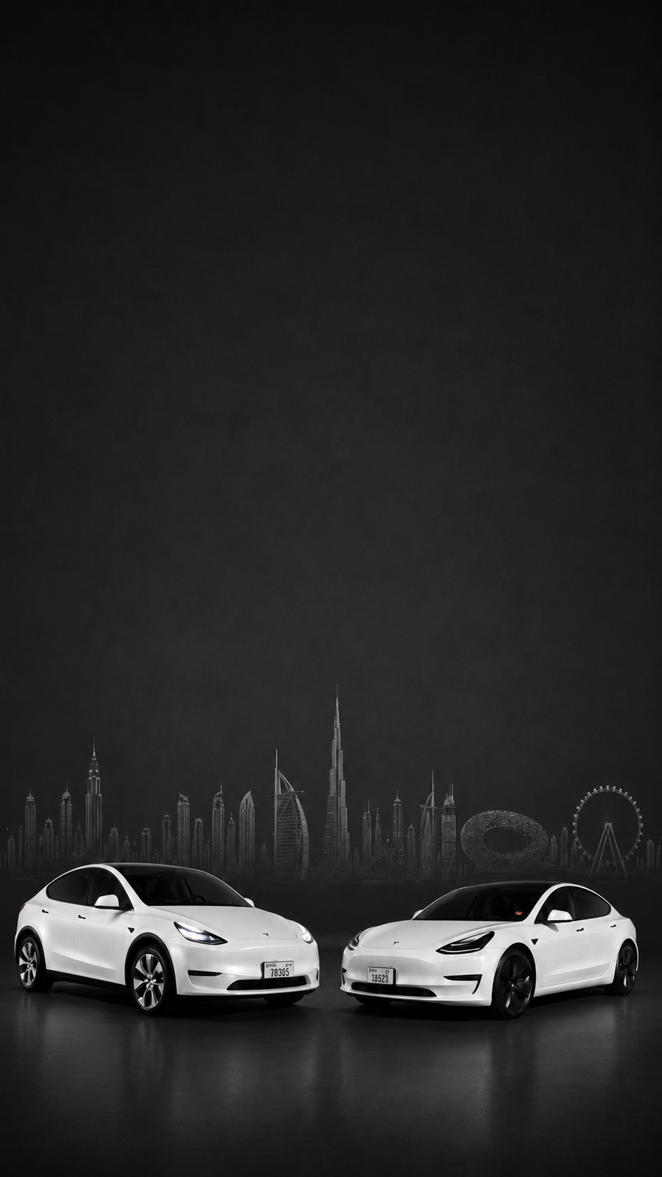 Tesla Model Y and Model 3 against the Dubai skyline — Rentico EV rental