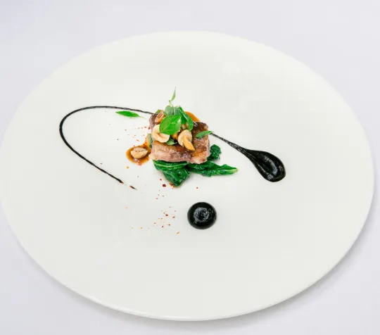 Gourmet dish with meat, greens, and nuts, garnished with basil and artful black sauce swirl on a white plate.