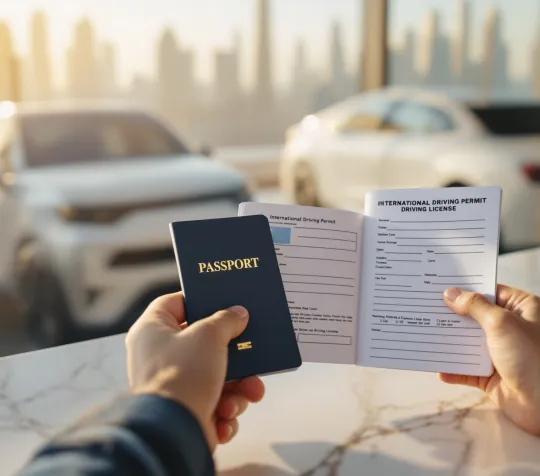 Tourist holding an International Driving Permit and passport next to a rental car in Dubai