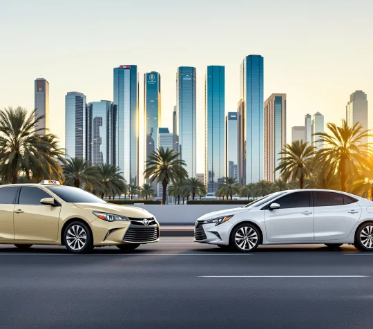 Dubai taxi and a rented white sedan side by side on a city road at golden hour