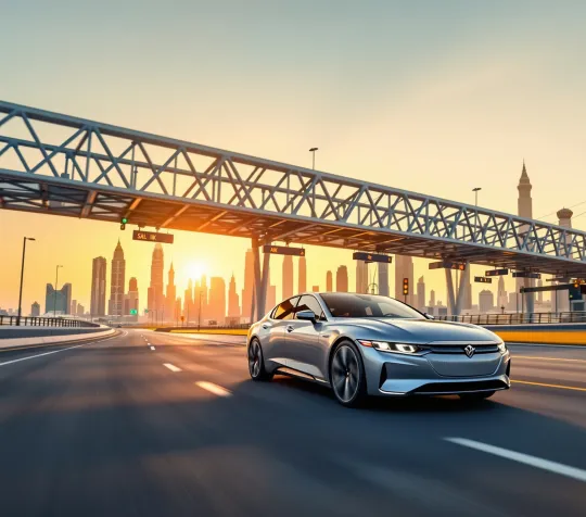 Car driving under a Salik toll gate on Sheikh Zayed Road in Dubai at sunset