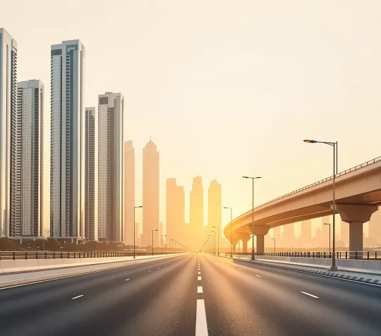 Dubai residential towers next to an elevated metro line at sunrise