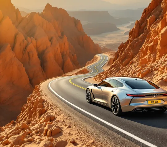 Car on a mountain road in the Hajar Mountains on a weekend road trip from Dubai
