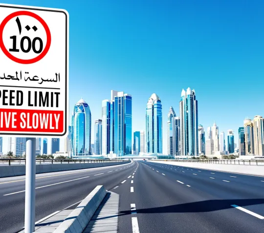 Speed limit sign reading "100" in Arabic and English, "Drive Slowly," against a backdrop of a clear blue sky and a city skyline.