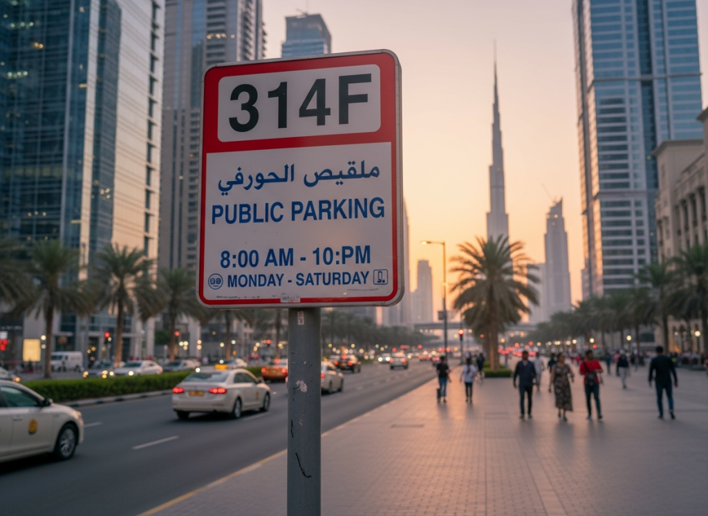 RTA parking sign in Dubai with zone code 314F, indicating paid hours from 8 a.m. to 10 p.m., Monday through Saturday.
