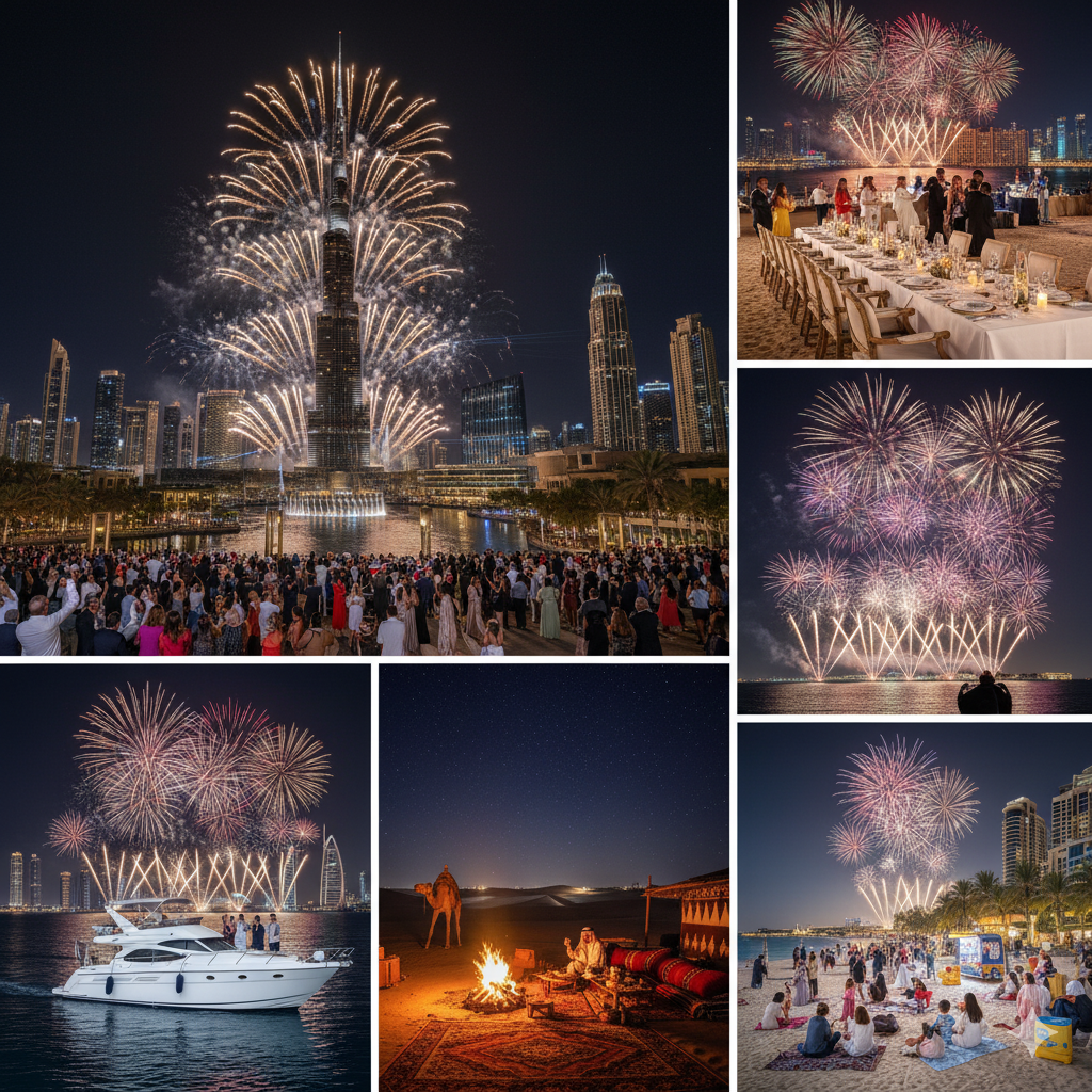 scenes of New Year's Eve celebrations in Dubai